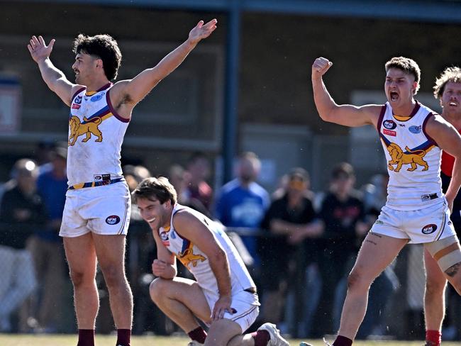 South MorangÃs Joshua DÃIntinosante, left celebrates a goal during the NFNL Diamond Creek v South Morang football match in Epping, Saturday, Aug. 24, 2024. Picture: Andy Brownbill