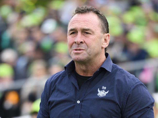 Raiders coach Ricky Stuart is seen during the Round 11 NRL match between the Canberra Raiders and the North Queensland Cowboys at GIO Stadium in Canberra, Saturday, May 25, 2019. (AAP Image/Rohan Thomson) NO ARCHIVING, EDITORIAL USE ONLY