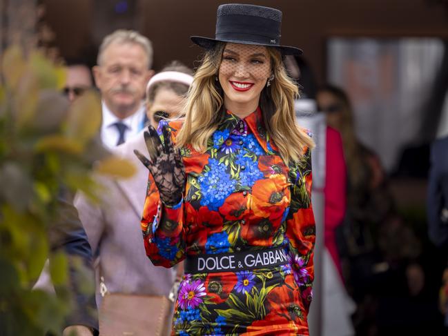 Delta Goodrem in the Birdcage on Cup Day. Picture: Getty