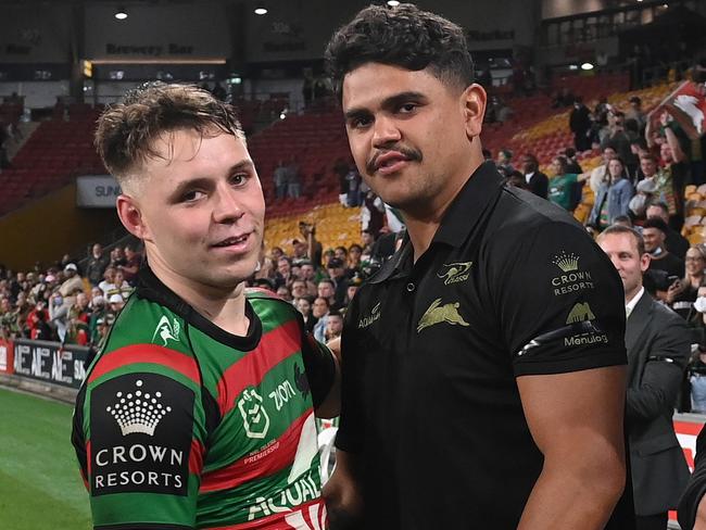 Blake Taaffe (L) must fill Latrell Mitchell‘s massive boots in the Grand Final. Picture: Bradley Kanaris/Getty Images