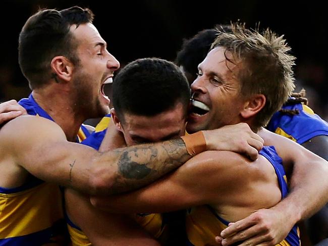 PERTH, WESTERN AUSTRALIA - APRIL 08:  Mark LeCras of the Eagles celebrates after scoring a goal during the round three AFL match between the West Coast Eagles and the Geelong Cats at Optus Stadium on April 8, 2018 in Perth, Australia.  (Photo by Will Russell/AFL Media/Getty Images)