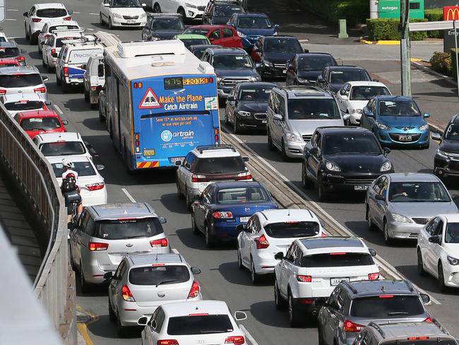 Traffic snarls as a result of the Tour de Brisbane cycle event.Milton Rd stacked with traffic both ways.Sunday 14th April 2019. (AAP Image/Richard Waugh)