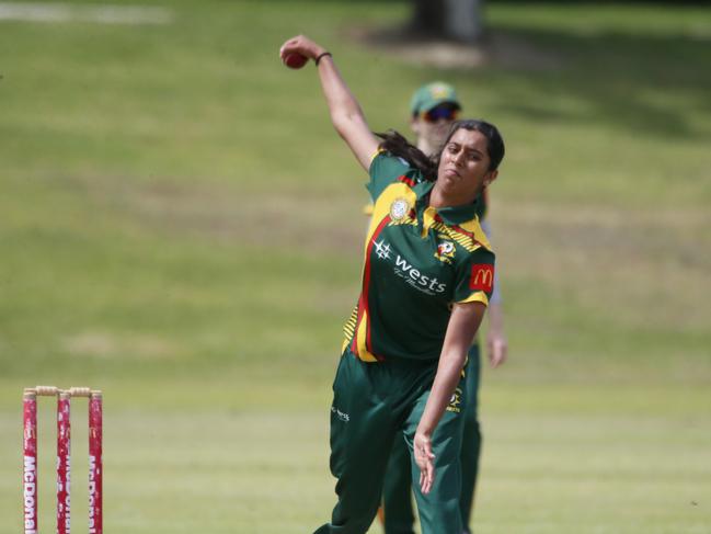 Aditi Shidore bowls her leg spin for Campbelltown Camden. Picture Warren Gannon Photography