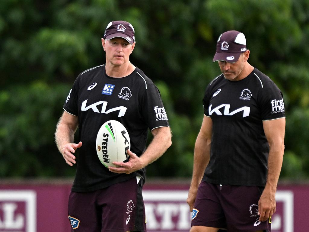 Coach Michael Maguire and Assistant Coach Trent Barrett are seen during the Brisbane Broncos NRL training session at Clive Berghofer Centre Field on March 12, 2025 in Brisbane, Australia. (Photo by Bradley Kanaris/Getty Images)