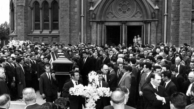 December 1962: The funeral of Domenico Italiano leaving St Mary's Roman Catholic Church, West Melbourne. Police believe his death triggered a gangland war. Picture: HWT