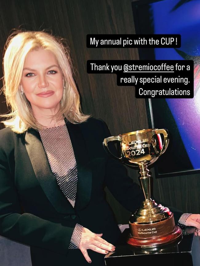 Channel 7 newsreader Rebecca Maddern with the Melbourne Cup on Tuesday, October 29, 2024. Source: Instagram.