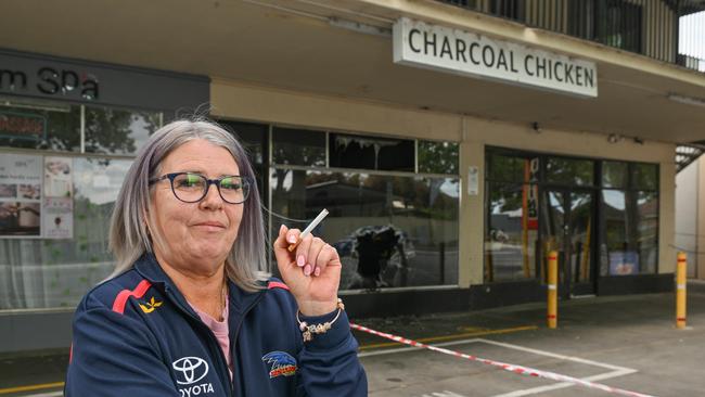 October 2024: Smoker Sharon van Homelen at a firebombed tobacco store where she said she saves money by purchasing unregulated tobacco products. Picture: Brenton Edwards