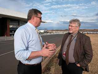 LIFT OFF: Toowoomba North MP Trevor Watts (left) chats with Russell Mineral Equipment founder and executive chairman Dr John Russell outside Wellcamp Airport yesterday afternoon. Picture: Matthew Newton