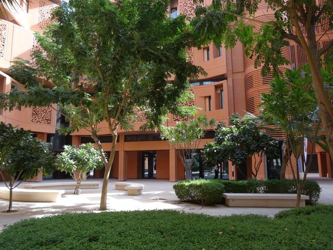 The leafy courtyard in Masdar’s open-air public square.