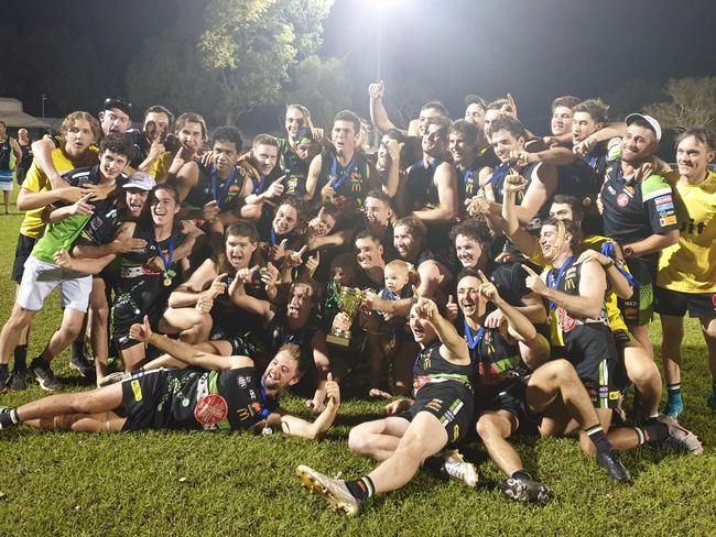 Katherine Camels players pictured celebrating their 2019 Big Rivers Football League flag after a 52-point win over the Arnhem Crows in the grand final. Star forward Aaron Moules says confidence is still high at the Camels, who are so far undefeated in 2020. Picture: GREY MORRIS