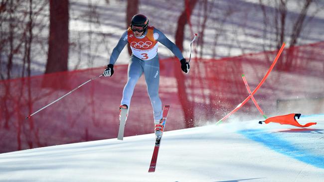 Russia's Pavel Trikhichev falls during the alpine combined downhill. Picture: AFP