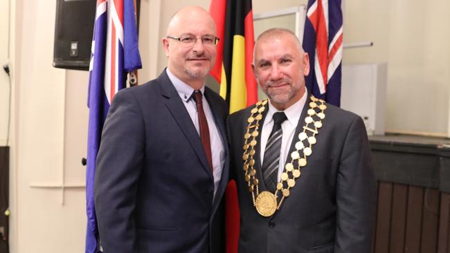 Bayside Council’s new deputy mayor James Macdonald and mayor Joe Awada at the council chambers in Rockdale.