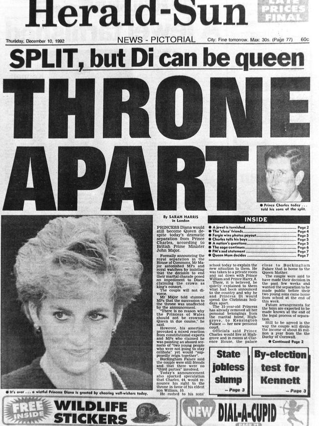 The front page of the Herald Sun on December 10, 1992, after the separation of Prince Charles and Princess Diana.