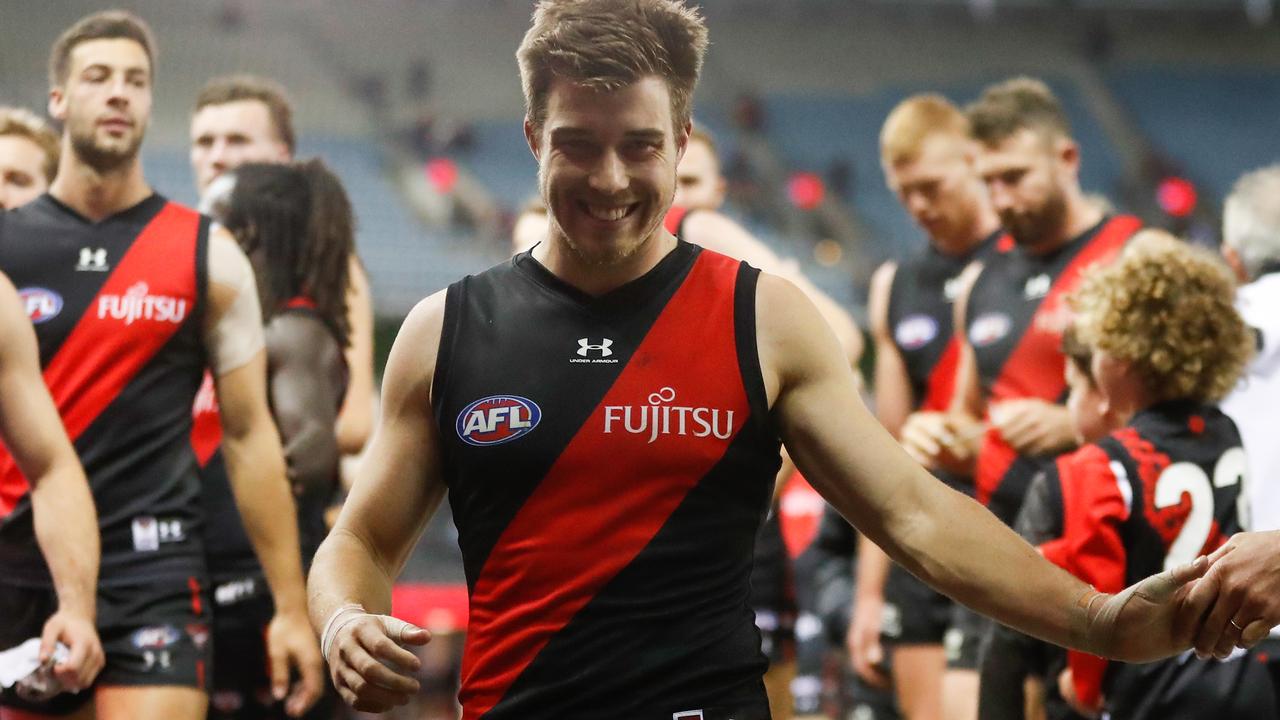 Merrett leaves the field after Essendon’s win against Fremantle. Picture: AFL Photos via Getty Images