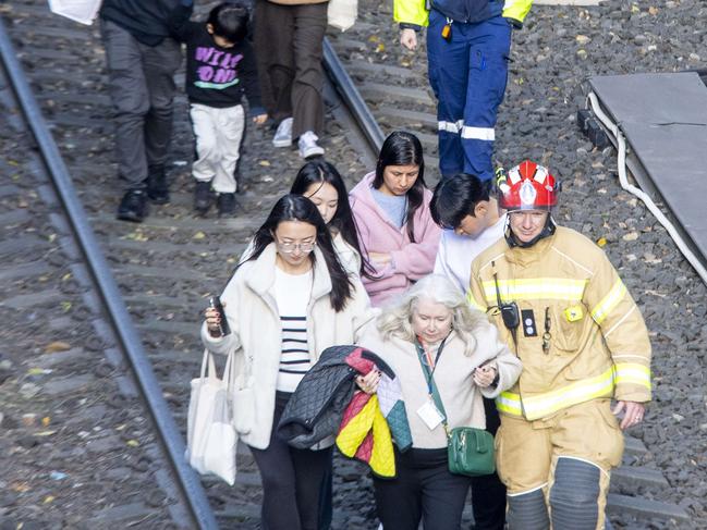 SYDNEY, AUSTRALIA. NewsWire Photos.July 20, 2024.Passengers are escorted by emergency services along the light train rail line after being trapped by a fallen tree.Picture: NewsWire / Jeremy Piper