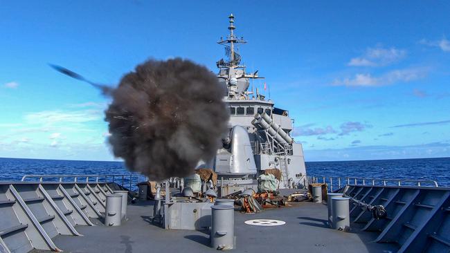 HMAS Stuart conducts a live firing exercise. Picture: Supplied