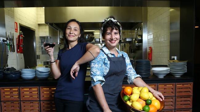 Sommelier Katrina Birchmeier (left) and chef Analiese Gregory find a moment to relax at their new wine bar Bar Brose in Darlinghurst. Picture: Britta Campion