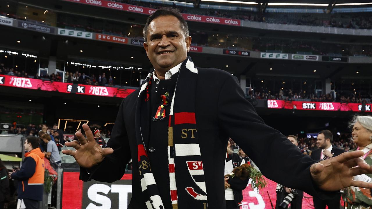 MELBOURNE, AUSTRALIA – APRIL 01: Nicky Winmar poses for a photograph during the round three AFL match between St Kilda Saints and Essendon Bombers at Melbourne Cricket Ground, on April 01, 2023, in Melbourne, Australia. (Photo by Daniel Pockett/Getty Images)