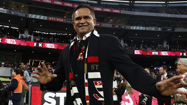 MELBOURNE, AUSTRALIA – APRIL 01: Nicky Winmar poses for a photograph during the round three AFL match between St Kilda Saints and Essendon Bombers at Melbourne Cricket Ground, on April 01, 2023, in Melbourne, Australia. (Photo by Daniel Pockett/Getty Images)