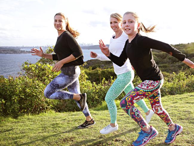 Renata Bazarian from Liquido Active, Jennifer Downey and Isabella Da Silva at North Head preparing for the Manly Fun Run. Picture: Adam Yip / Manly Daily