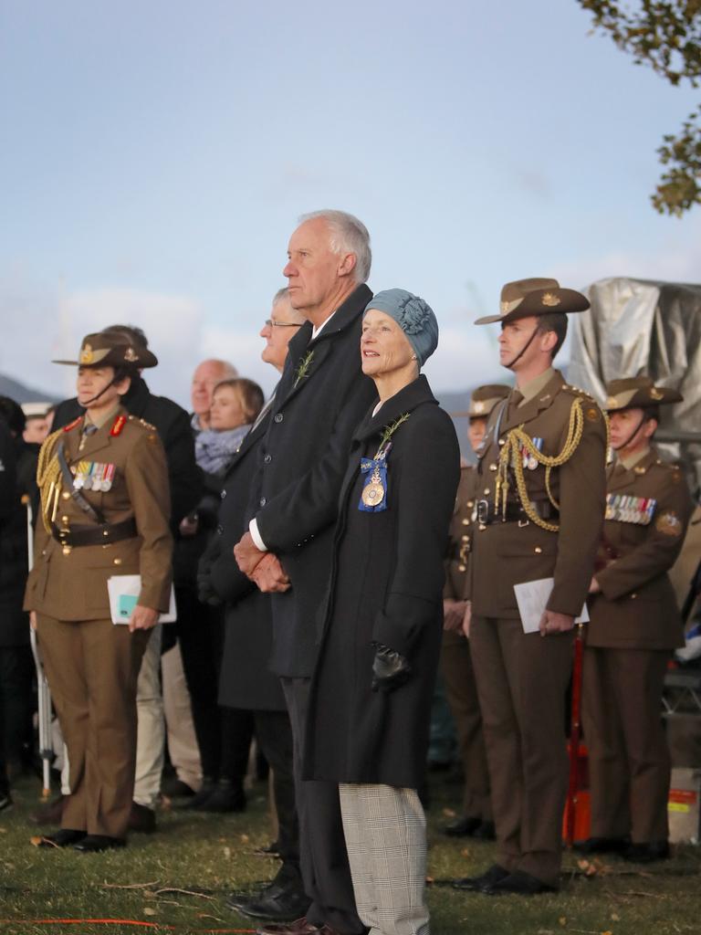 The Governor Kate Warner and her husband Dick at the Anzac Day dawn service at the Hobart cenotaph. Picture: PATRICK GEE