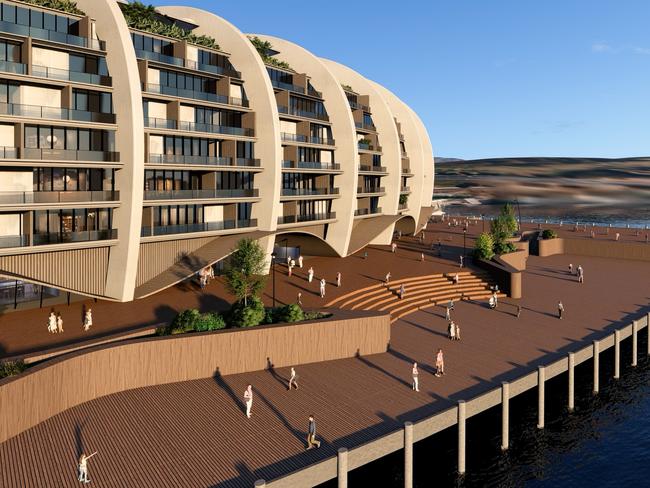 Concept drawings of a Macquarie Point Stadium which includes an outer shell of apartments, proposed by the Stadia Precinct Consortia. Picture: SolutionsWon