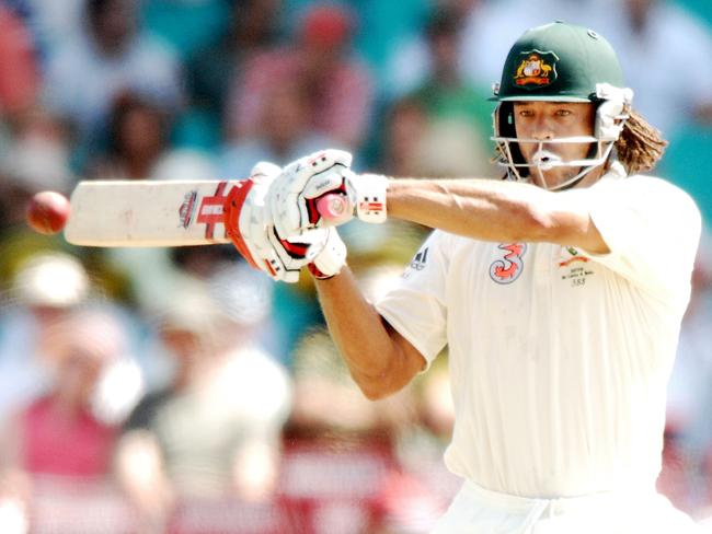 All Saints graduate Andrew Symonds hits a shot against India on the first day of the second test match at the SCG in Sydney, Wednesday, Jan. 2, 2008. (AAP Image/Paul Miller)