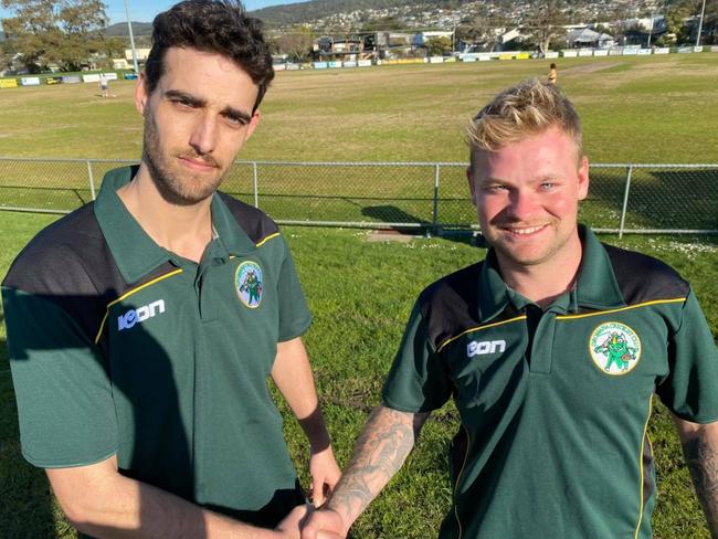 Recruit Arthur McKenzie (left) shakes on it with Dromana coach Jack Fowler. Picture: Facebook