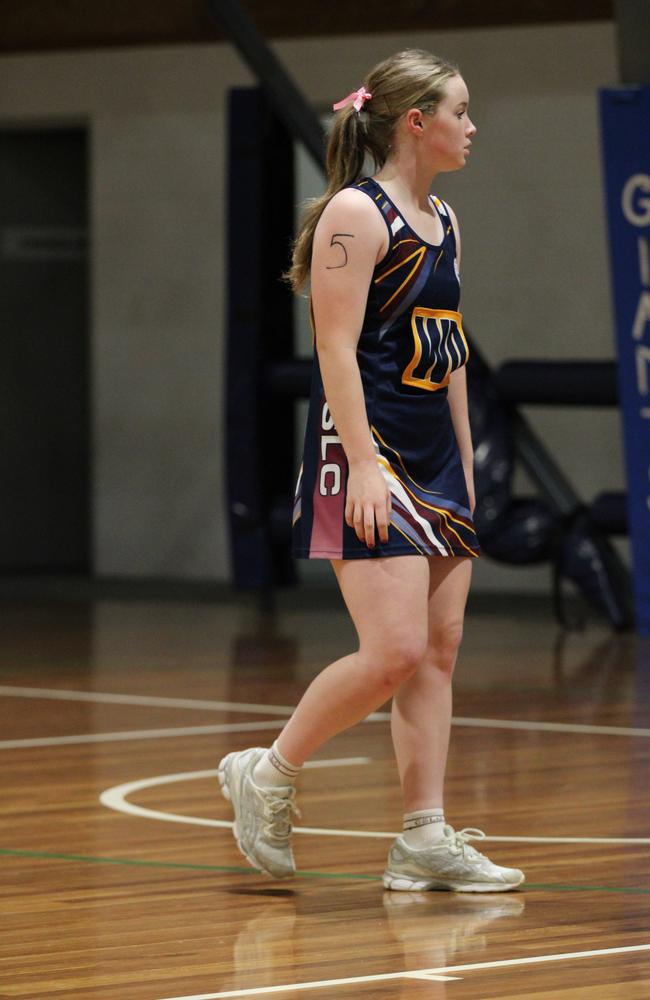 Netball action at QISSN 2024. Canterbury College v Good Shepherd Lutheran College