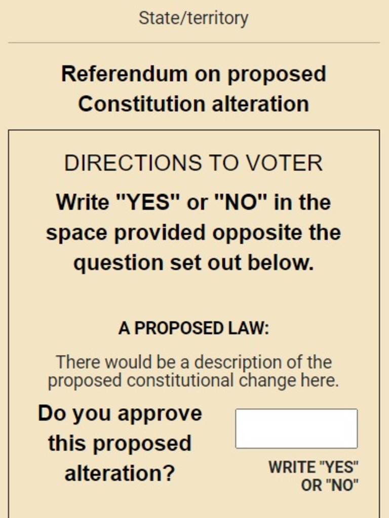 A sample ballot paper for the Voice referendum. Picture: AEC