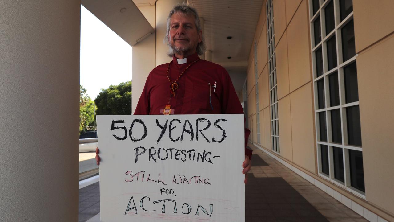 No New Gas Coalition member Reverend L Lee Levett-Olson outside the Supreme Court in Darwin. Picture: Zizi Averill