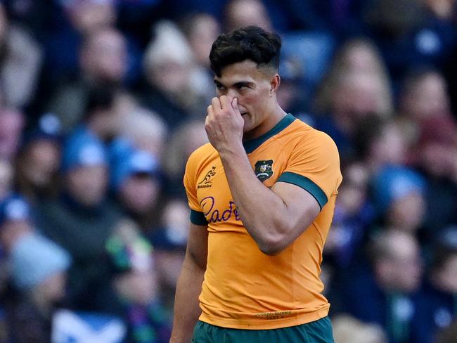 EDINBURGH, SCOTLAND - NOVEMBER 24: Joseph-Aukuso Suaalii of Australia reacts as he leaves the field following medical treatment after picking up an injury during the Autumn Nations Series 2024 match between Scotland and Australia at Scottish Gas Murrayfield on November 24, 2024 in Edinburgh, Scotland. (Photo by Stu Forster/Getty Images)