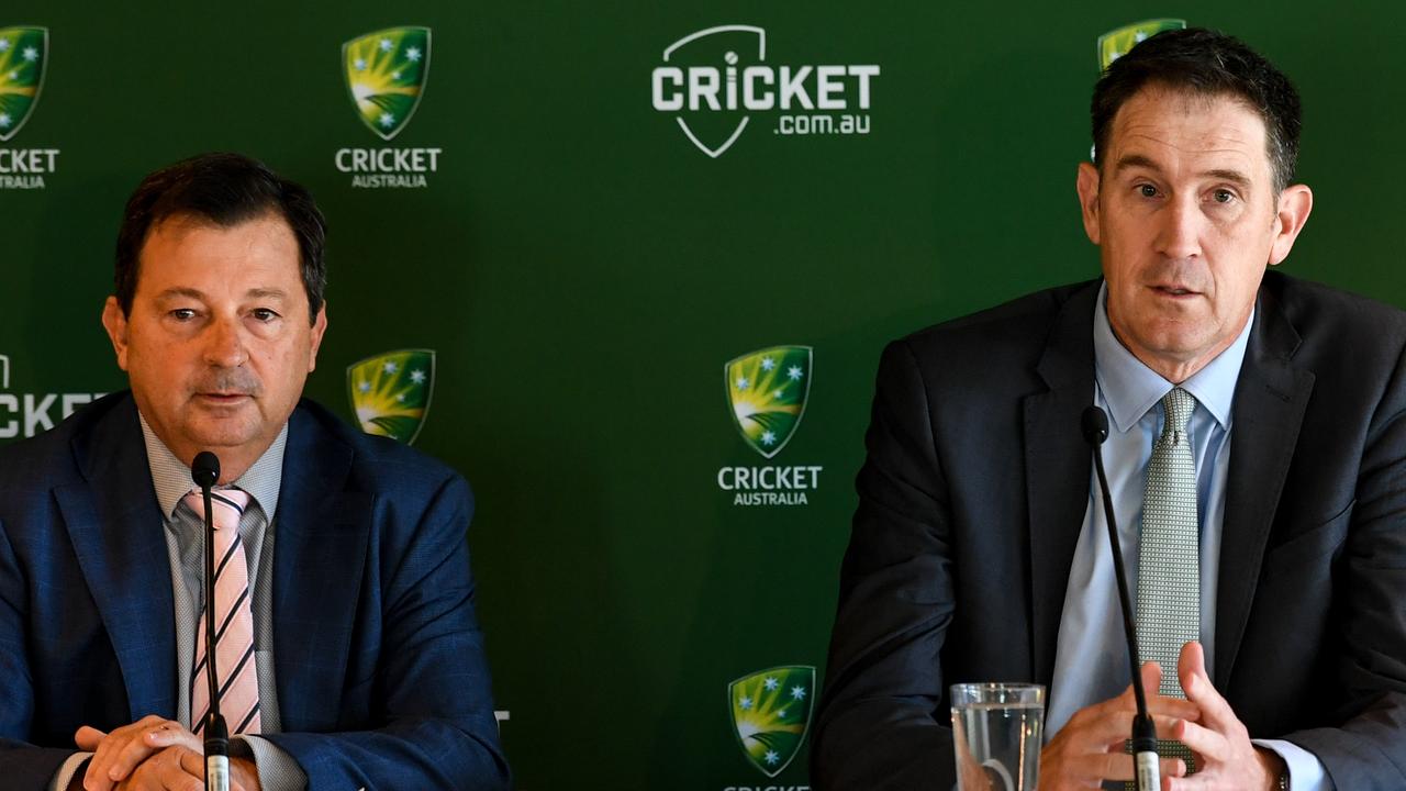 Cricket Australia's Chairman David Peever and outgoing CEO James Sutherland.