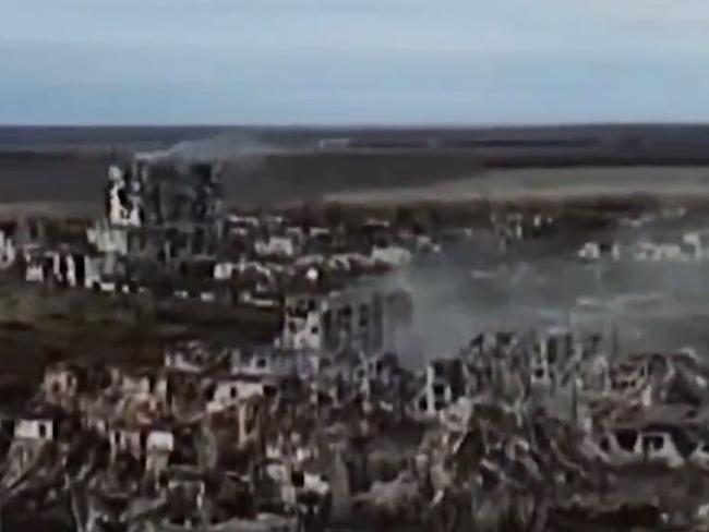 Charred ruins of Maryinka in the Donetsk region.