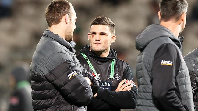 SYDNEY, AUSTRALIA - JUNE 11: Isaah Yeo and Nathan Cleary watch on during the warm-up before the round 14 NRL match between the Cronulla Sharks and the Penrith Panthers at Netstrata Jubilee Stadium, on June 11, 2021, in Sydney, Australia. (Photo by Mark Kolbe/Getty Images)