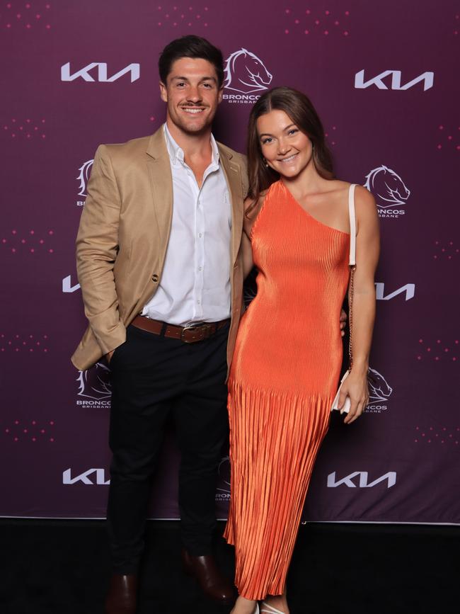 Cory Paix and Keeley Malcom at the Brisbane Broncos’ season launch at Water’s Edge, Hamilton. Picture: David Clark