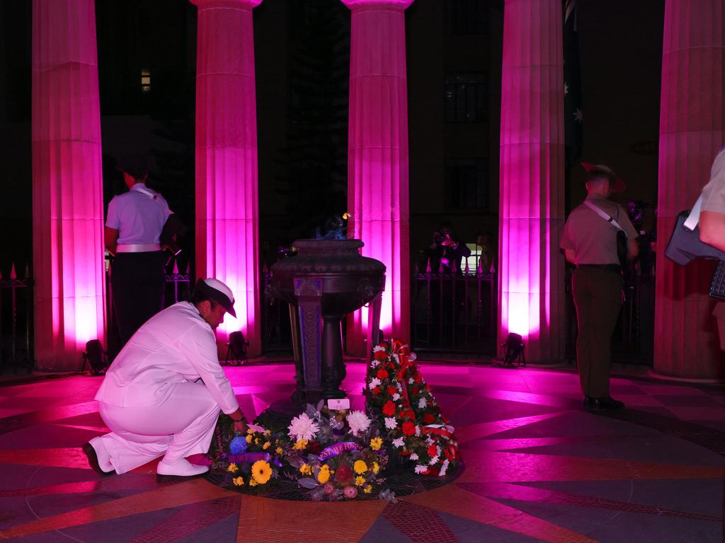A soldier lays a wreath during the ANZAC Day Dawn Service held in Brisbane. Picture: NCA NewsWire/Tertius Pickard