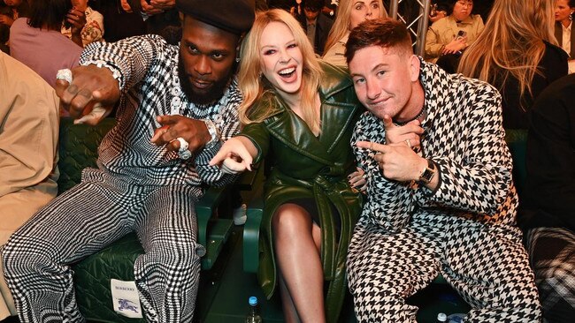 The singers Burna Boy and Kylie Minogue and the actor Barry Keoghan at the Burberry Spring Summer 2024 show during London Fashion Week last September. Picture: Dave Benett/Getty Images for Burberry