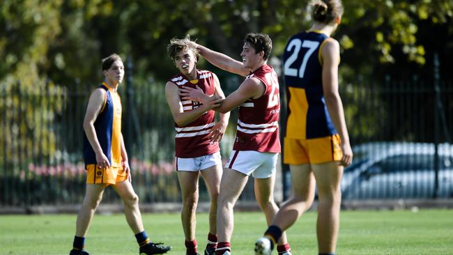 Tom Sparrow of Prince Alfred College celebrates after a goal. Picture: AAP