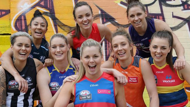 AFL Women's players parade next season's jumpers. Picture: Wayne Ludbey