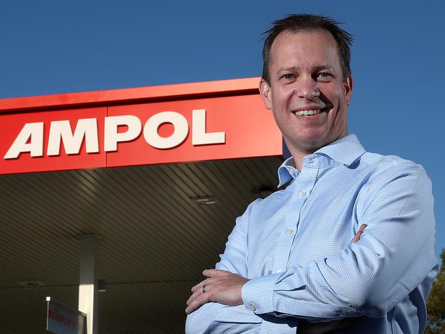 Ampol CEO Matthew Halliday pictured outside the first rebranded Ampol service station on Parramatta Rd in Concord. Caltex is rebranding to Ampol after the American brand exited Australia. Picture: Toby Zerna