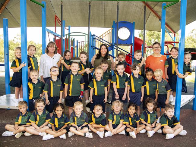 My First Year 2023: St Monica's Primary School, Oakey Prep students (back row, from left) Evelyn, Ayla, school officer Mrs Owens, Georgia, David, teacher Mrs Hoffmann, Bridee, Linkoln, school officer Mrs Byers, Sydney-Rose and Sophie, and (middle row, from left) Ryan, Dylan, Eddy, Laura, Brianna, Abby, Eliana, Zendayah and Blaze, and (front row, from left) Beau, Charlotte, Jakoa, Korbyn, Austin, Eddie, Jorja, McKenna and Coen. (Absent Poppy), February 2023. Picture: Bev Lacey