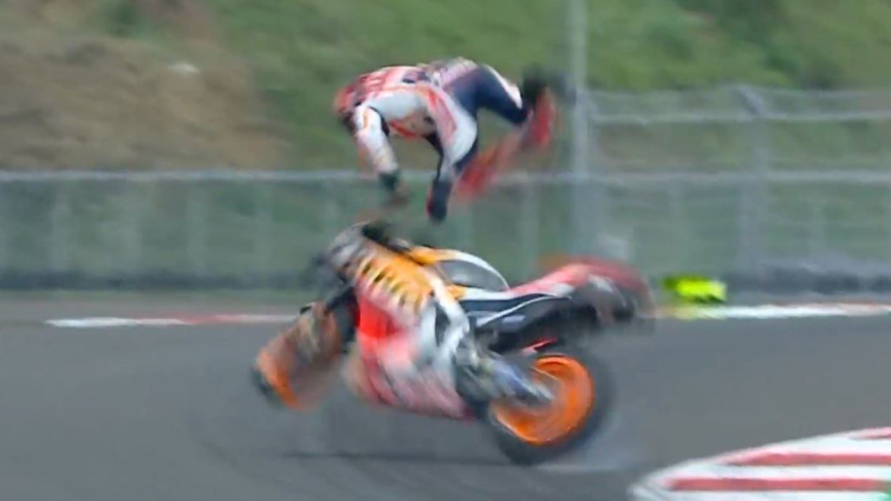 Marc Marquez flies off his bike in a scary highside crash.
