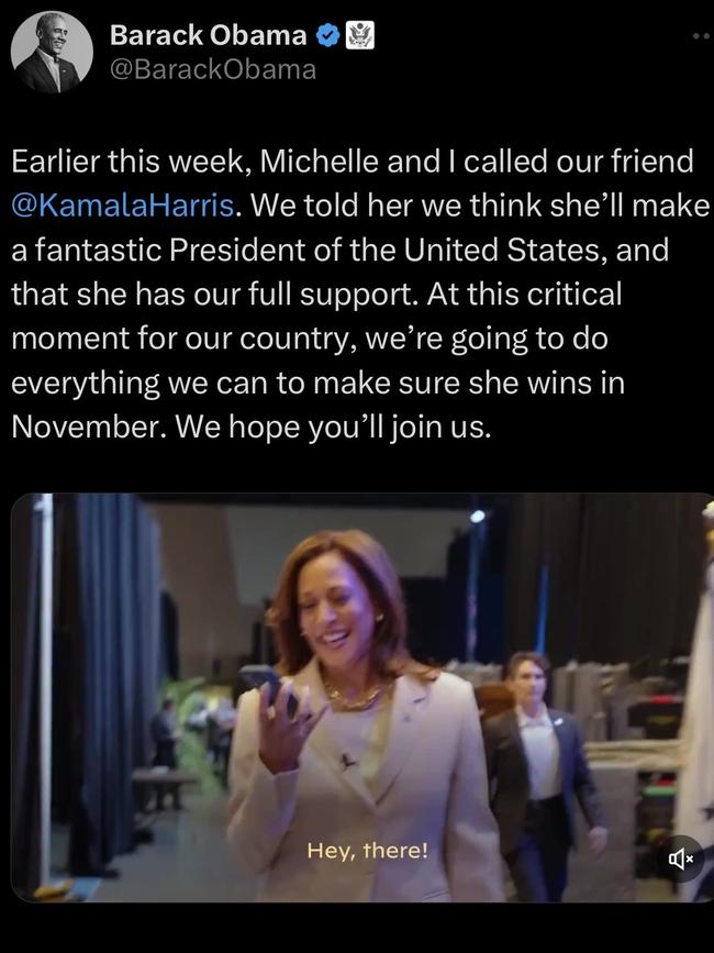 Barack and Michelle Obama called Kamala Harris to endorse her as the Democratic Presidential candidate. Photo: X