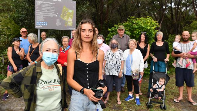 Jude Crighton and Jasmyne Case with local residents who are opposed to the Caloundra Transport Corridor Upgrade and the loss of some of Ben Bennett Park. Picture: Patrick Woods.