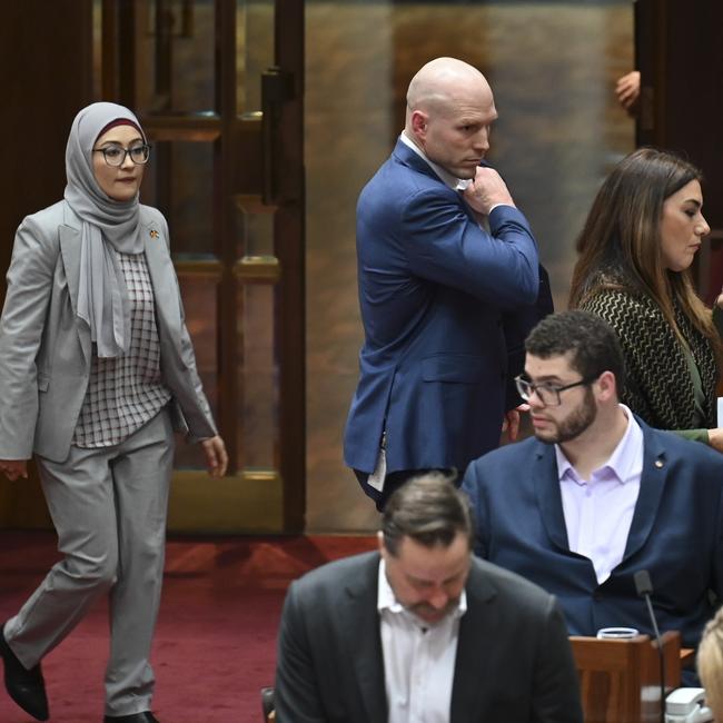 Senator Fatima Payman crosses the floor to support Senator Mehreen Faruqi’s motion to have the Senate recognise Palestine as a state at Parliament House in Canberra. Picture: NewsWire / Martin Ollman