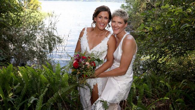 Former canadian beach volleyballer Sarah Maxwell and five-time Australian Olympian Natalie Cook on their wedding day at Secrets at Montville, in the Sunshine Coast hinterland.  Picture: Nathan Richter