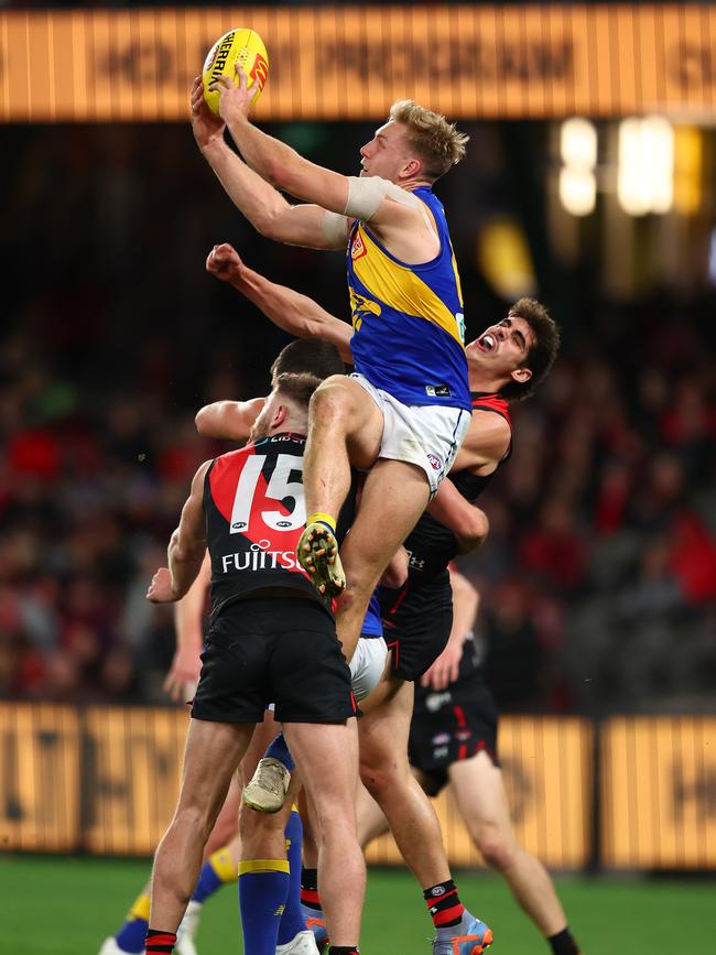 Eagles forward Oscar Allen takes a big mark. Picture: Graham Denholm/AFL Photos