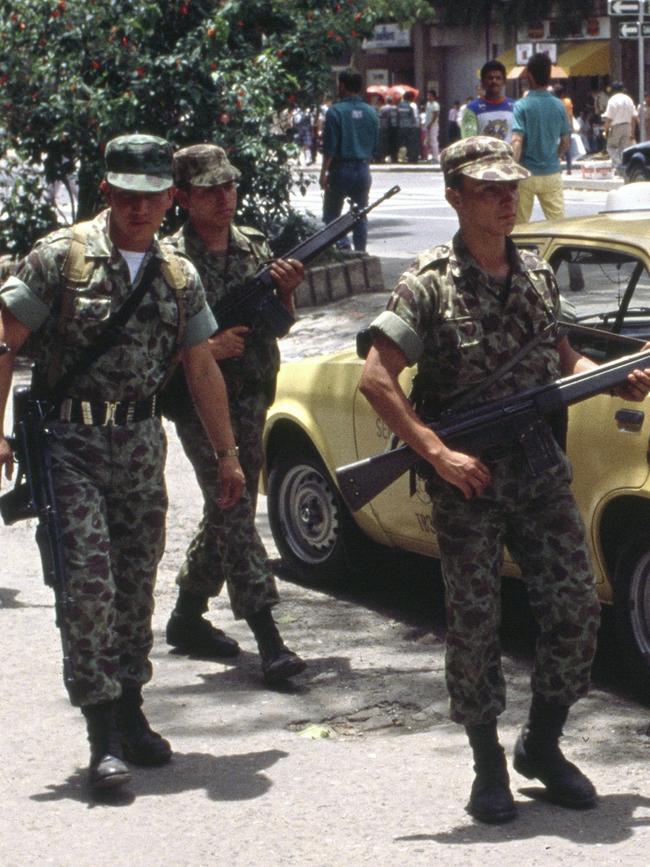 The army patrols the streets of Medellin. Picture: Eric VANDEVILLE/Gamma-Rapho via Getty Images