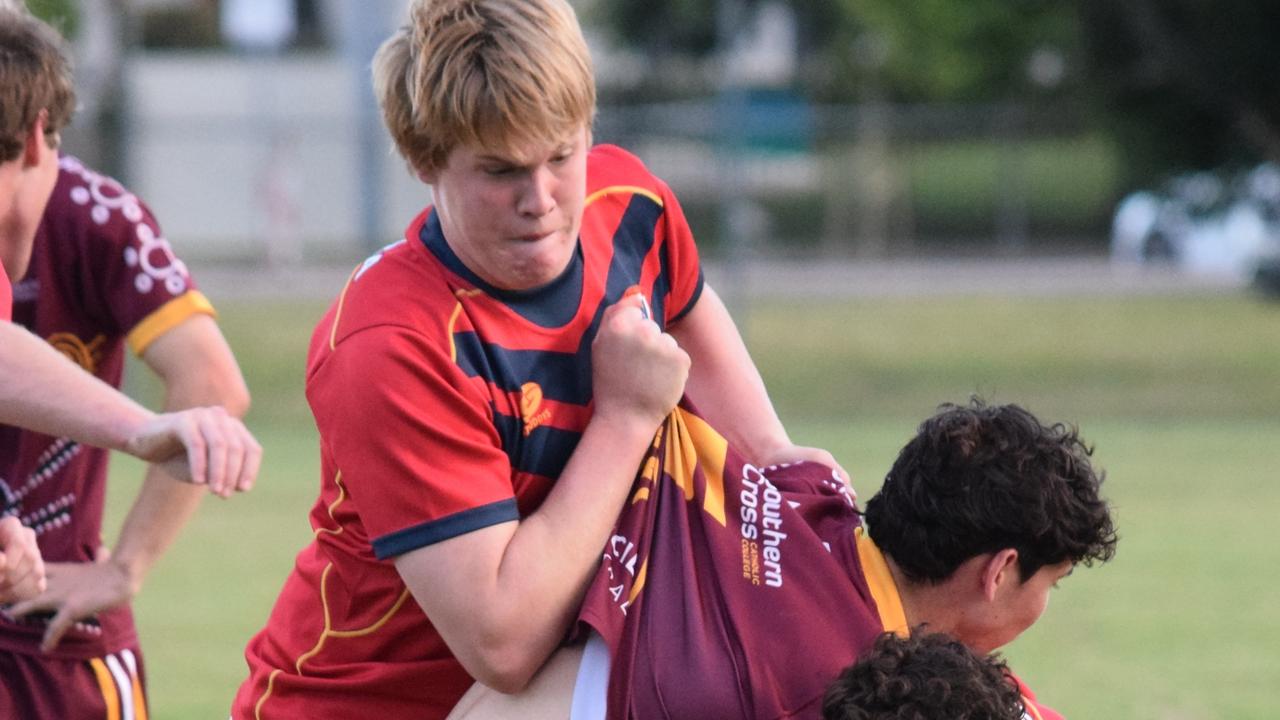 Columba Catholic College beat Southern Cross Catholic College 28-0 in round 4 of the 2024 Townsville Blackhawks Schoolboy Trophy. Picture: Patrick Woods.
